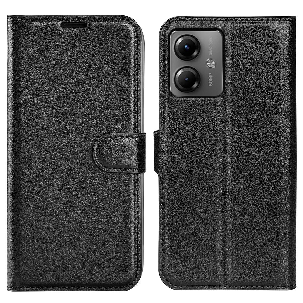 

For Motorola Moto G14 4G Cell Phone Case Drop Protection Wallet Litchi Texture Stand PU Leather Phone Cover Black