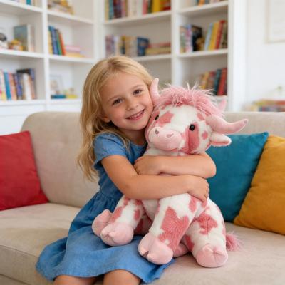 Pink Highland Cow Plush Toy Soft Stuffed Animal Cute Cartoon Cattle Toys Huggable Gift for Kids Adults