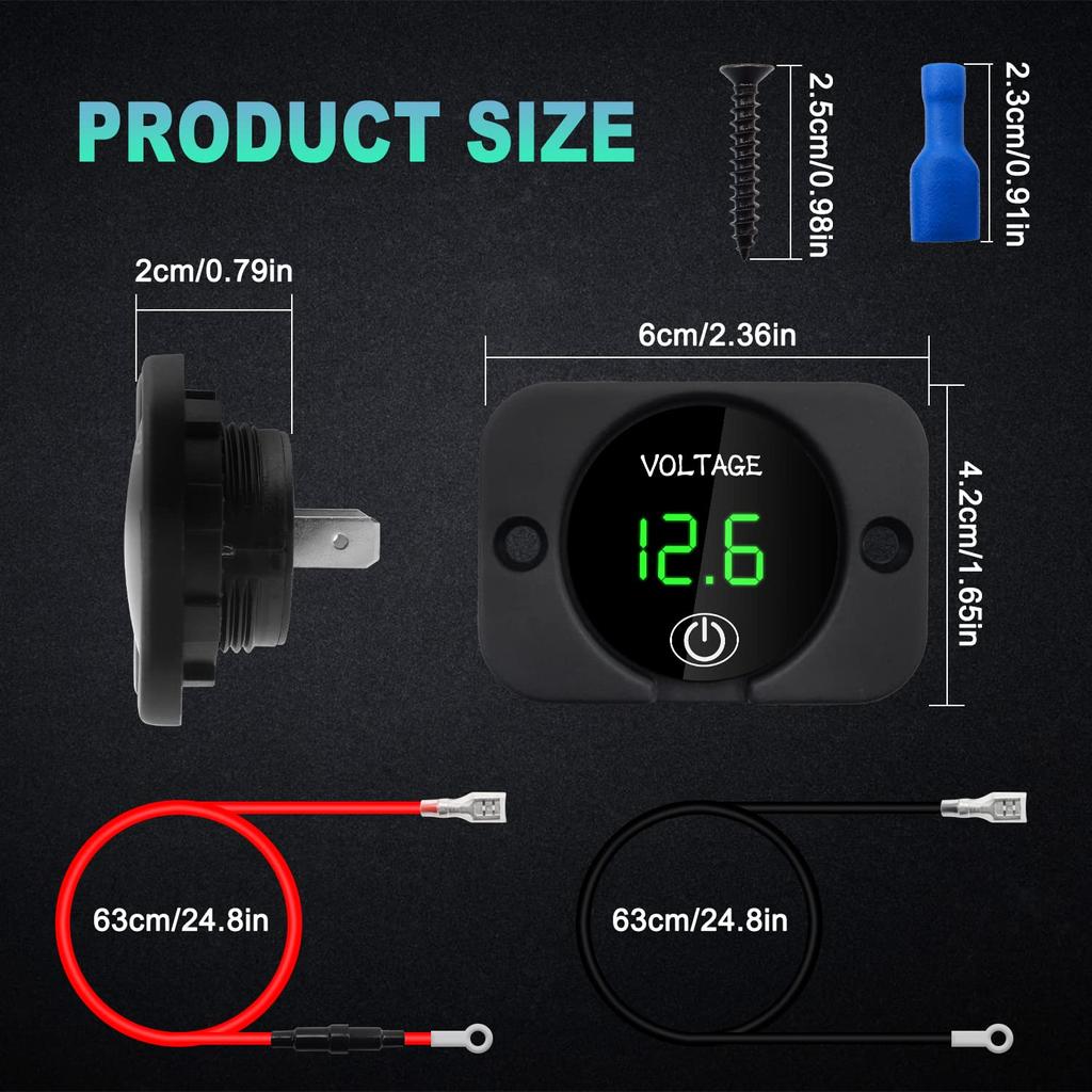 DC 12V 24V LED Car Digital Voltmeter, Waterproof Voltage Meter Car Battery Tester with Touch Switch Display Panel with Connection Cable for Car Etc.