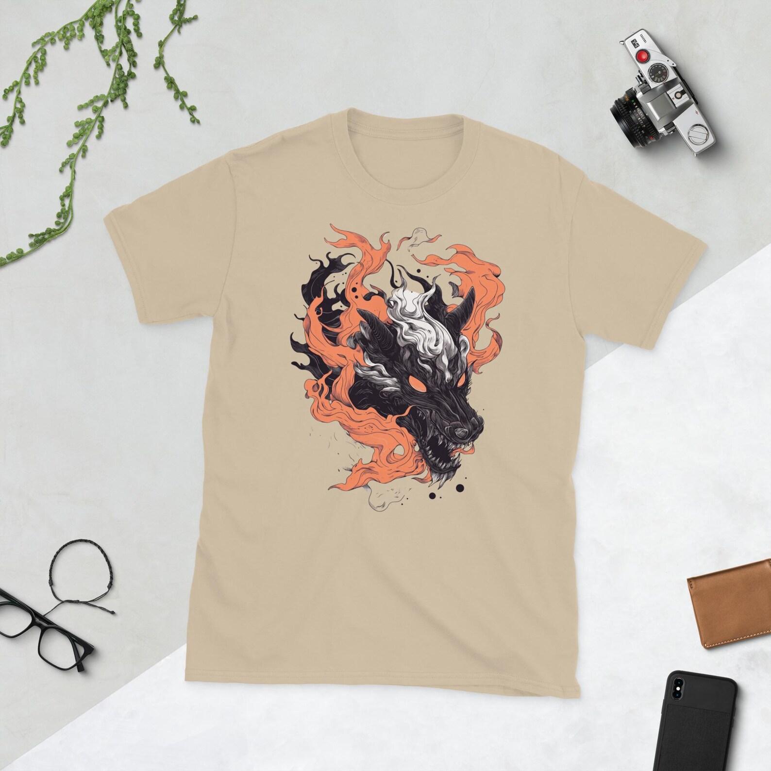 Unisex Fiery Beast T-Shirt – Bold Flame Wolf Graphic Tee – Unique Fantasy Design S
