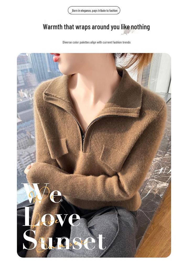 Women's Pure Wool Rib Knit Half Zip Sweater - Autumn/Winter Collection