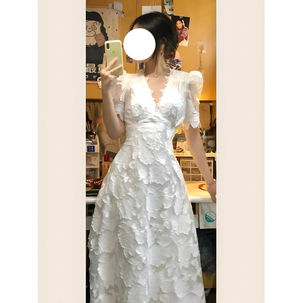 

Японское милое платье с V-образным вырезом, женское летнее платье принцессы с нежным ветром, платье с завышенной талией, длинное платье XL- (recommended 110-60kg)