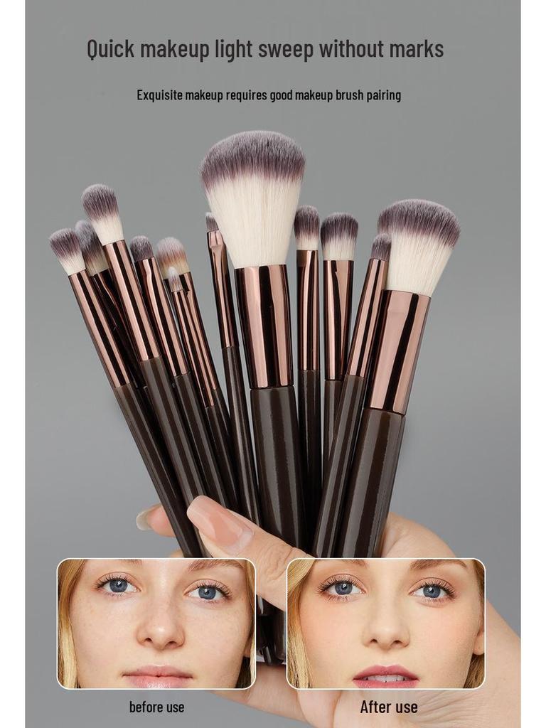 13-Piece Brown Makeup Brush Set: Soft Brushes for Concealer, Lip, Eyeshadow, Powder, and Detail Work.