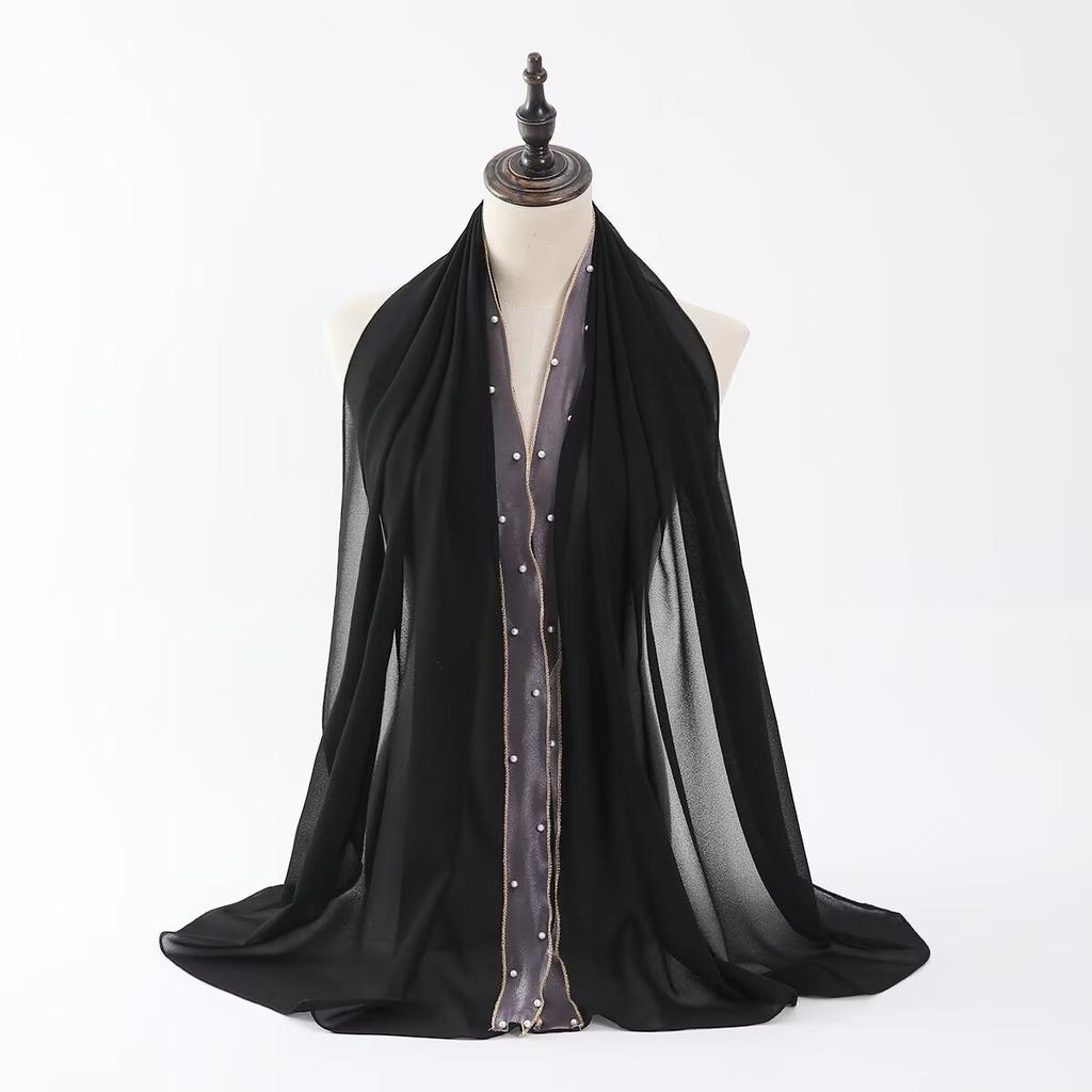 Luxury Pearl Chiffon Scarf Soft Solid Long Scarves Thin Hijab Muslim Women'S Headscarf Ethnic Turban Shawl 70*175Cm