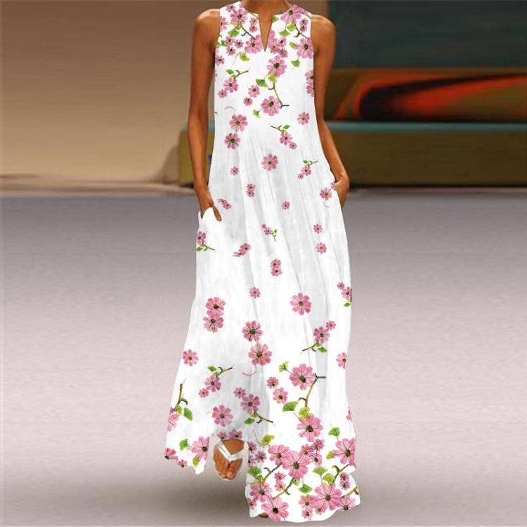 2026 Summer Fashion Retro Printed Maxi Dress for Women Sleeveless V Neck S