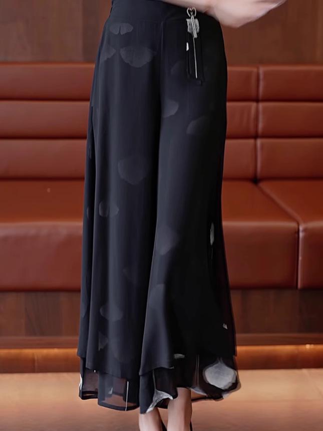 Women's Summer Chiffon Wide-Leg Culottes: High-Waisted, Split, Loose, Slimming, Nine-Tenths Length.