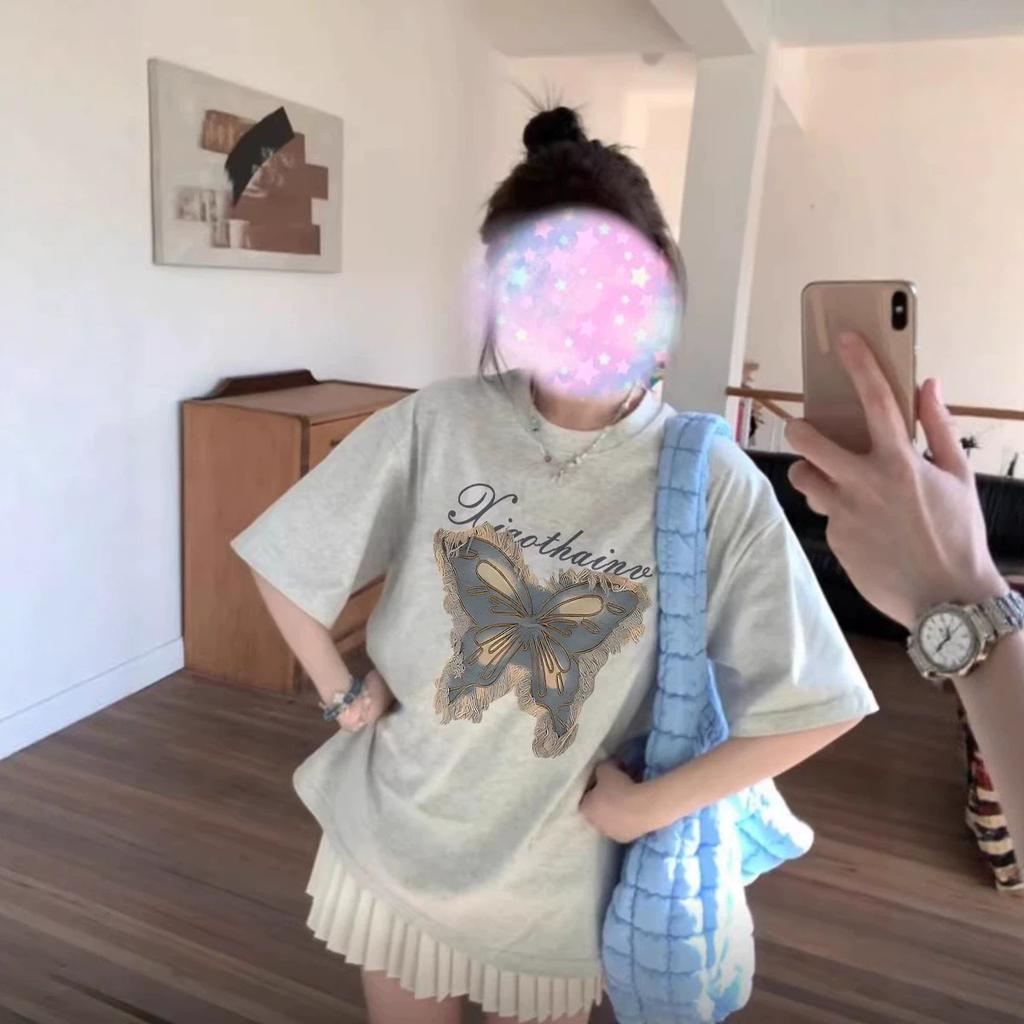 grey cotton short-sleeved t-shirt women's summer new small butterfly print ins design sense niche loose top