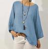 In Stock 2025 Women's Solid Color Cotton Linen Raglan Sleeve Round Neck Top