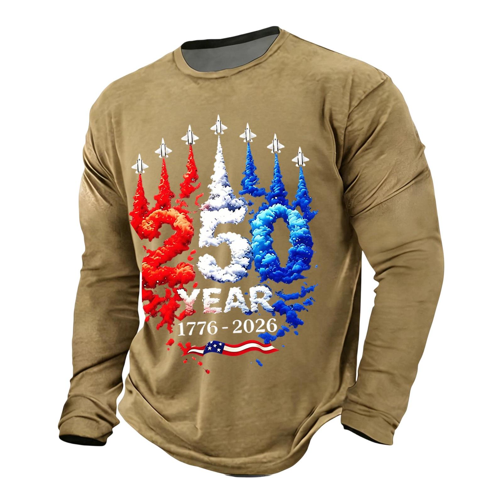 

Men s Casual Long Sleeve T-Shirt 250 Years Commemorative Print 1776-2026 Independence Day Design Comfortable Fit Durable Material M хаки