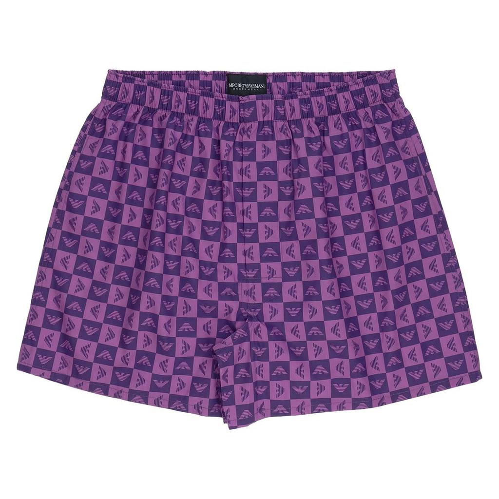 Emporio Armani Men's Checkered Eagle Cotton Woven Trunks, Size LL, Front Opening, Japanese Size, 54251001, 73. Purple