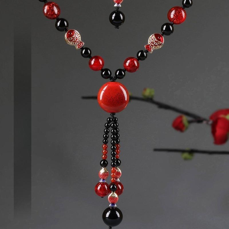 GEMCHIC Collana a Maglia Stile Etnico da Donna con Pendente Lungo a Catena con Perle di Agata Pesce Rosso Gioielli Vintage Cinesi