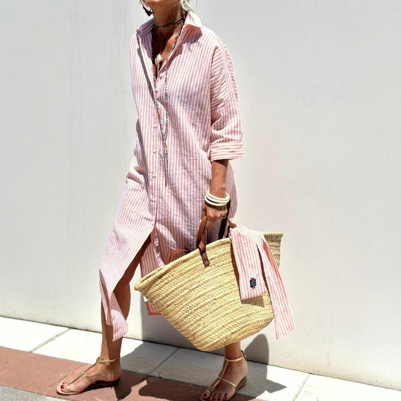 Women's Striped Shirt Dress Midi Length Button Front Belted Turn Down Collar Casual Dress