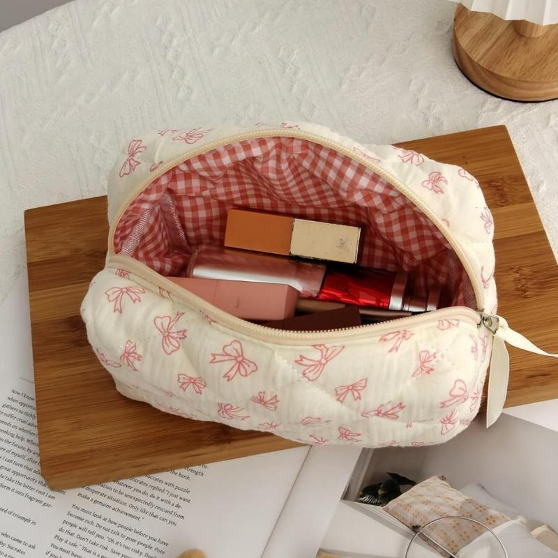 New Bowknot Quilting Women Cosmetic Bag Cute Zipper Travel Makeup Pouch Cotton Aesthetic Storage Bag Skincare Organizer