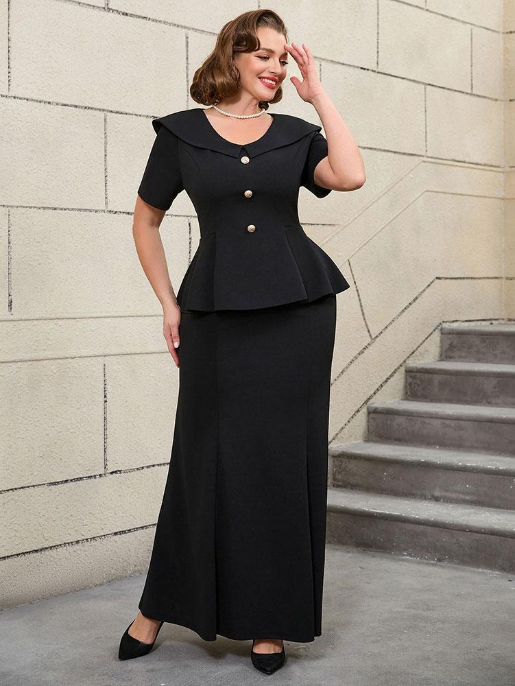 

AOMEI Women Two Piece Set Black V Neck Short Sleeve High Waist Peplum Tops and Trumpet Skirts Causal Evening Sets 0XL