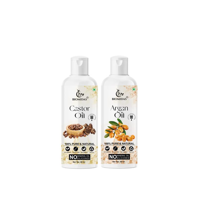 Biomidas 100% Pure Castor 60ML & Argan 60ML Combo For Rapid Hair Growth, Anti Hair Fall, Split Ends & Promotes Softer & Shinier Hair Oil (Pack of 2)