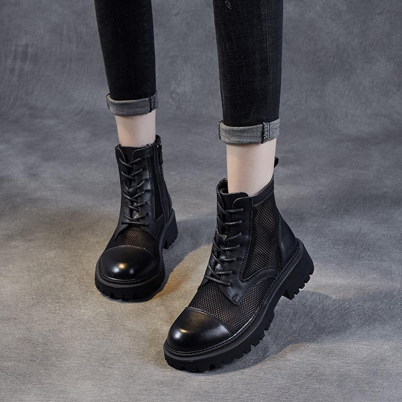 Spring 2025 New Breathable Mesh Shoes First Layer Cowhide Short Boots British Retro Women's Boots Summer Fashion Sandals