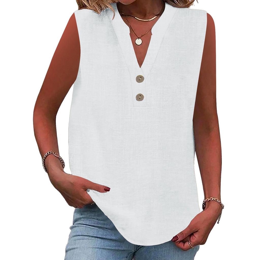 Women's Fashion Loose Standing Collar Button Cotton T-Shirt Solid Color Sleeveless Top