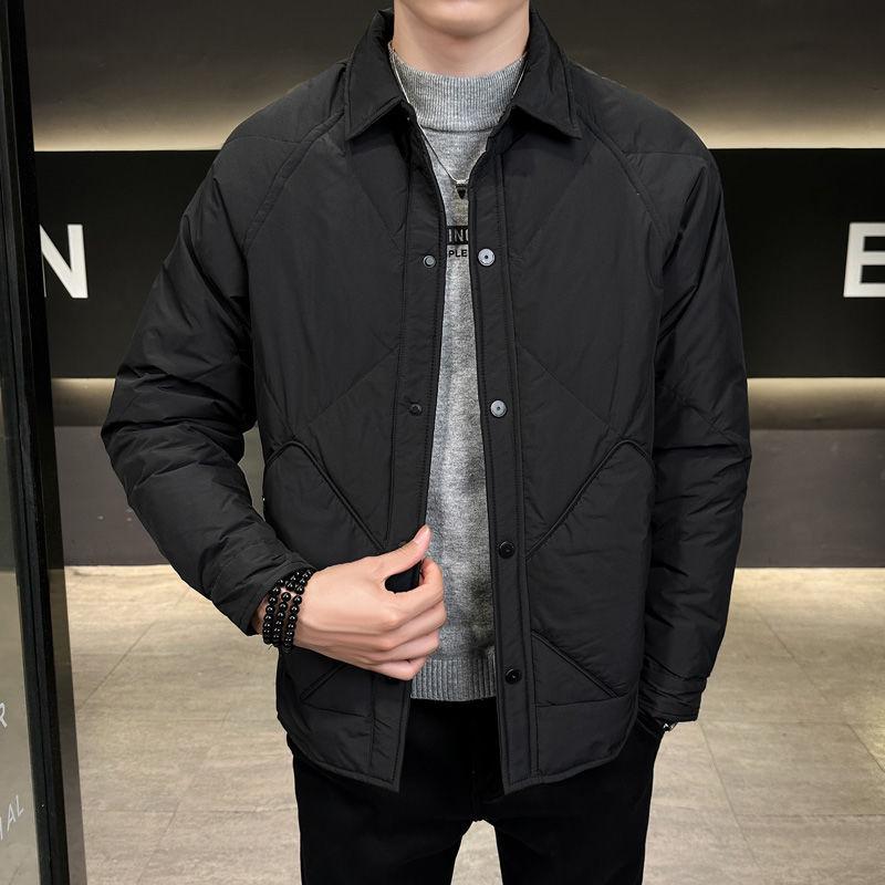 Men's Lightweight Korean Style Plaid Down Jacket with Turn-Down Collar