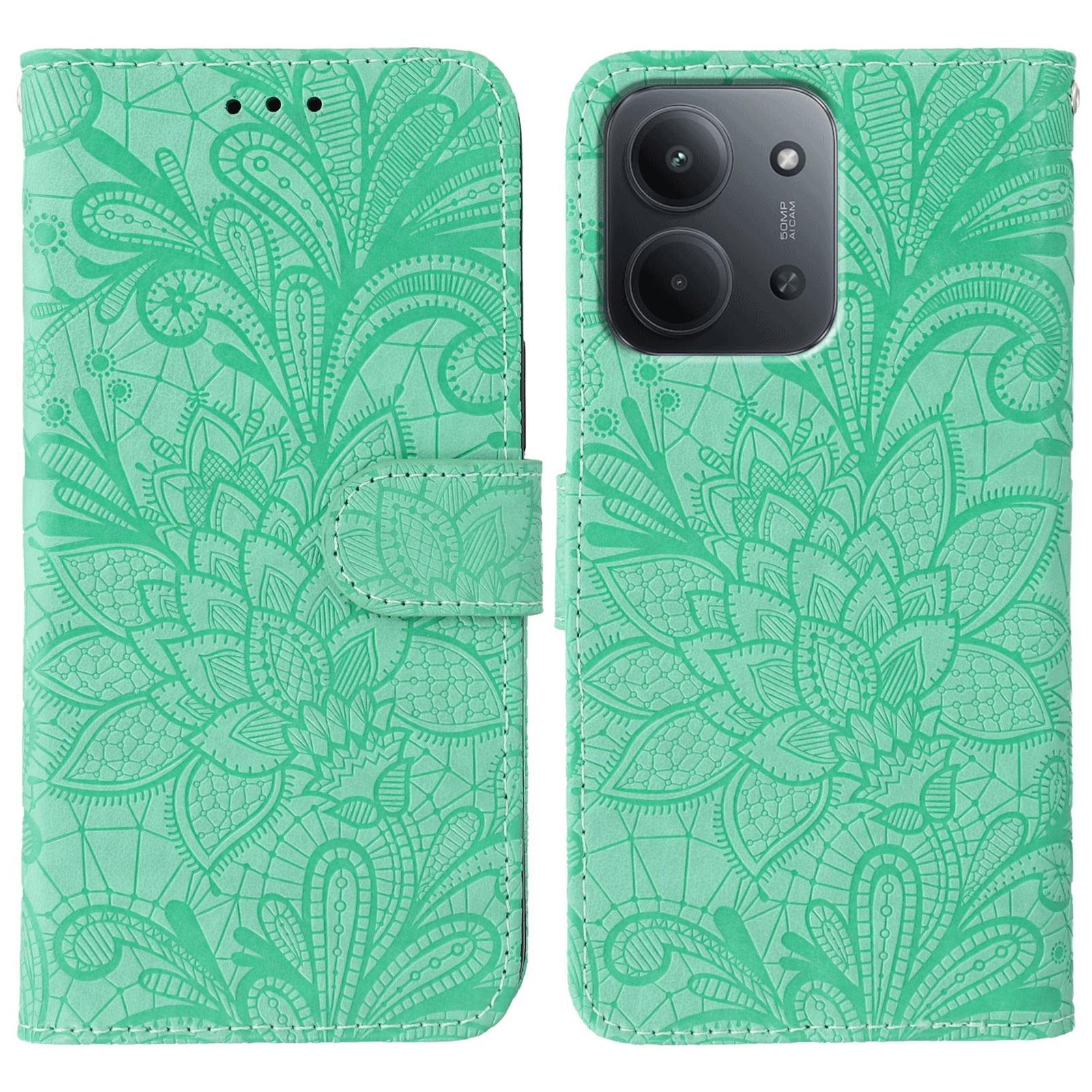 

For Xiaomi Redmi 15C 4G (Global) (171mm)/Poco C85 4G Case Lace Flowers PU Leather Flip Wallet Phone Cover Green
