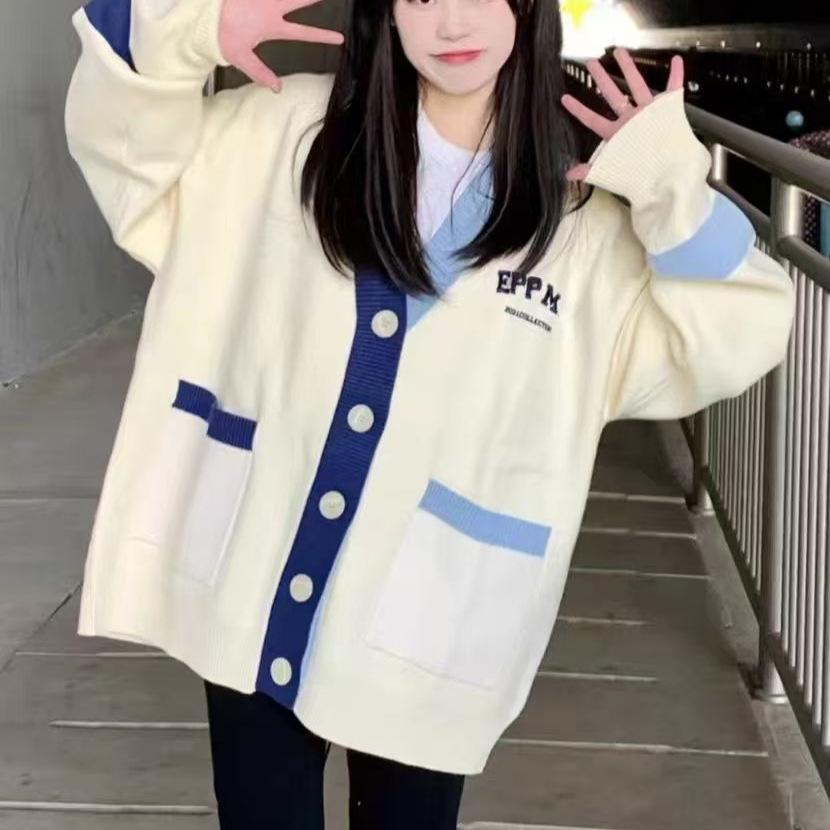 Japan and South Korea large size contrasting cardigan sweater women wear loose ins college style lazy gentle knitted jacket in autumn and winter