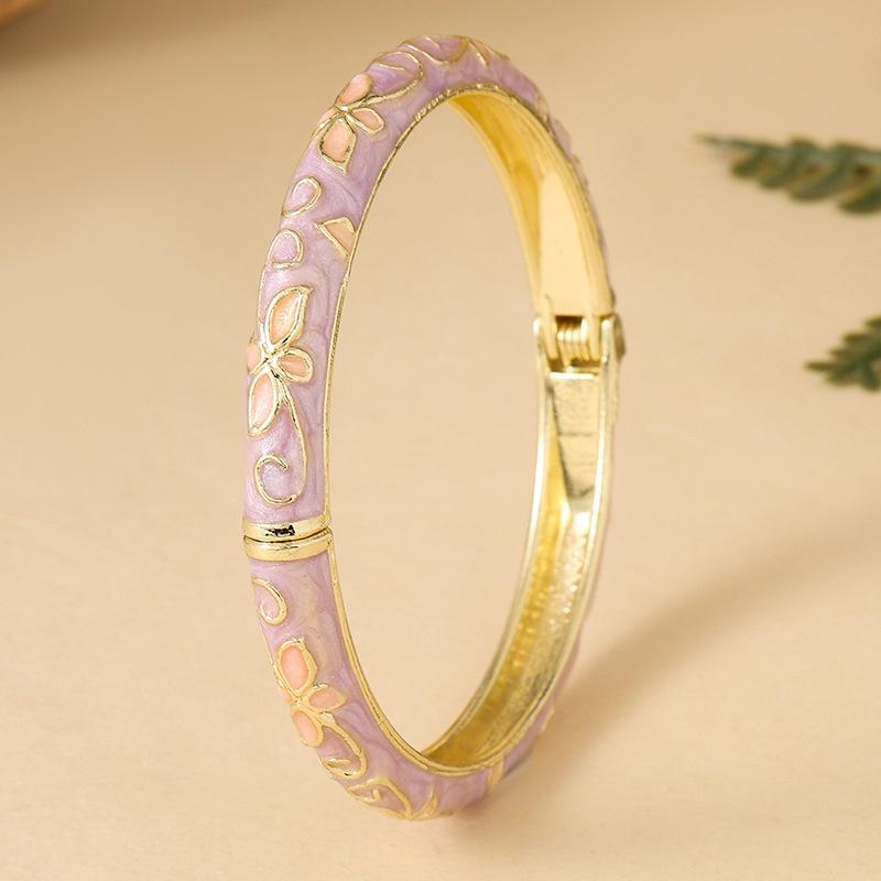Floral Design Enamel Cloisonne Bangle Vintage Golden Trim Non-Tarnish Jewelry for Girls Daily Wear Valentine's Day Gift
