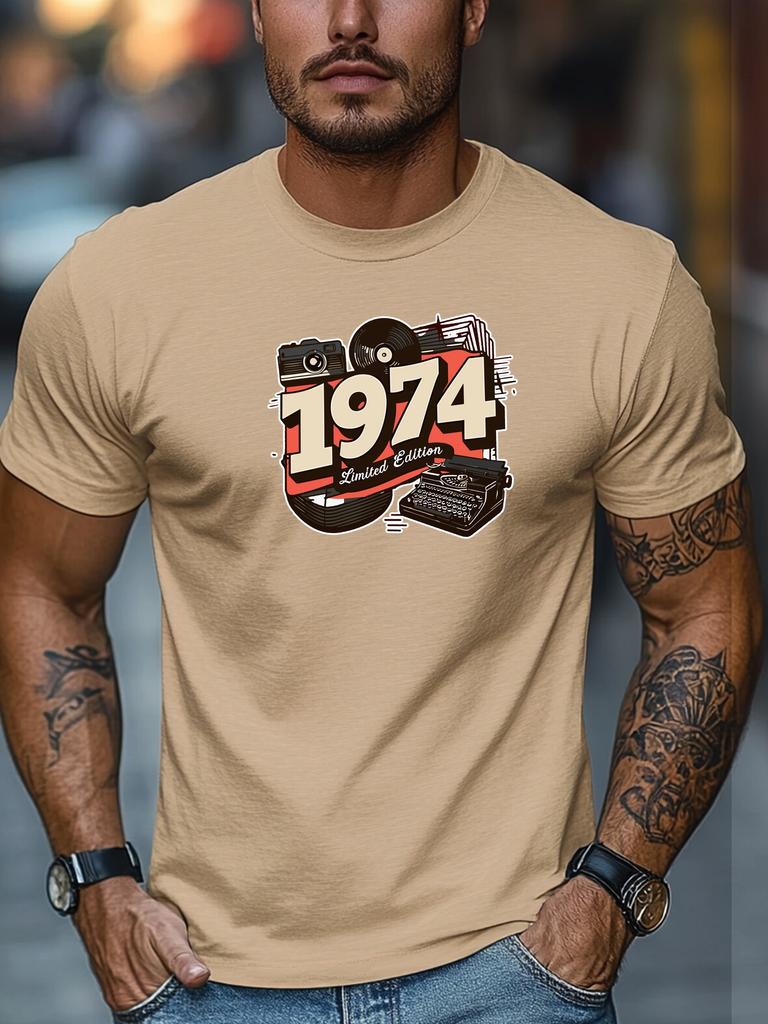 Mens Retro TShirt 1974 Limited Edition Vintage Print Short Sleeve Round Neck Breathable Nostalgic Daily Wear TShirt