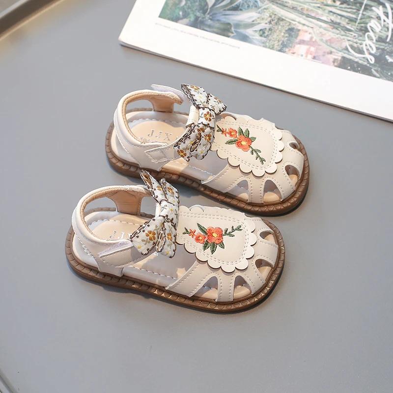 Beige Girls Sandals Embroidered Bow Non-slip Bun Head, Summer Outdoor PU Girls Fashion Sandals, Size 21-30 Sandalias De Mujer