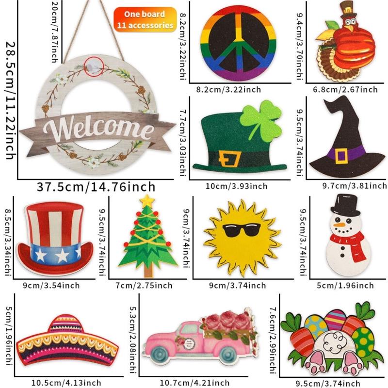Welcome Door Sign Christmas Decors Seasonal Front Door Wood Welcome Sign with Interchangeable Farmhouses Wall Hangings