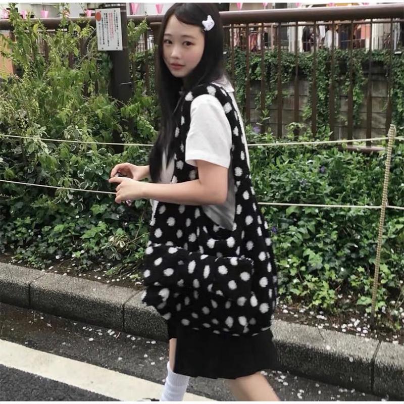 Fashion Polka Dot Hobo Bag Creative Bow Design Shoulder Bag Soft Plush Crossbody Bag Women Winter Large Capacity Commute Handbag