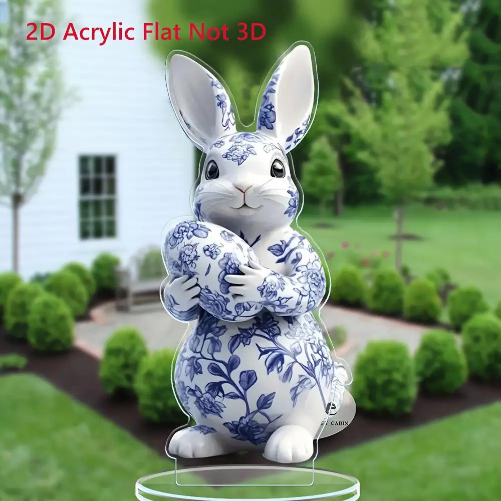 Ornement suspendu Lapin en Acrylique Plat 2D Bleu Blanc Porcelaine, Décoration Fenêtre Salon Maison, Cadeau de Pâques Thanksgiving Pour Amis