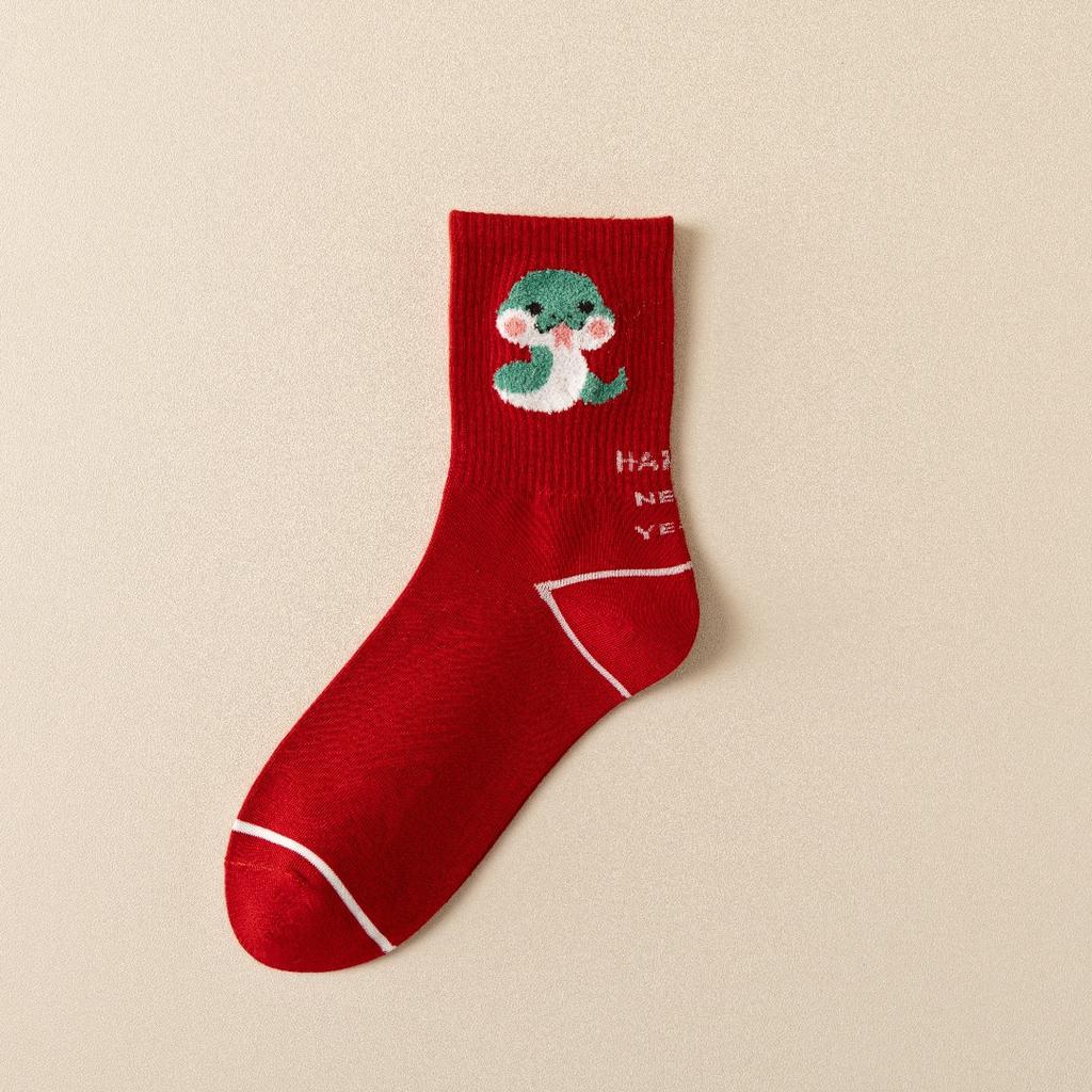 Cute Cartoon Snake Year Big Red New Year Socks Women'S College Style High Rubber Band Women'S Cotton Socks Medium Tube Lucky Socks