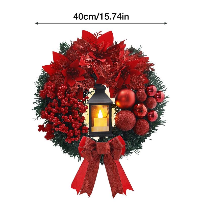 Christmas Wreath Decorative Wreath With Lamp Red Bow Berry Christmas Balls Lighted Artificial Wreaths For Wall Mantle Christmas
