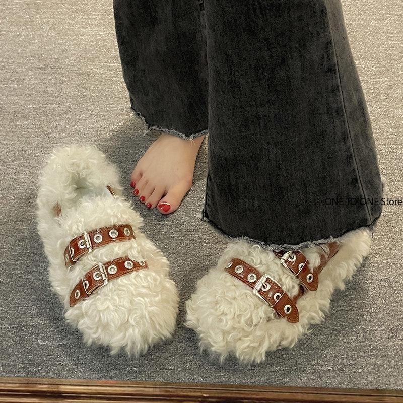 Mode Winter Schuhe Damen Clogs Plateau Runde Zehen Loafers Fell Flacher Ausschnitt Lässige Damen Sneaker Mokassin Neu Creepers Bequem S