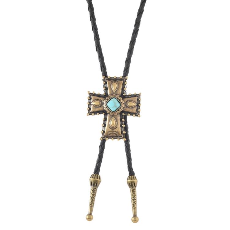 Classical Cowboy Necktie Braided Bolo Tie Silver Alloy Centerpiece And Adjustable Leather Cord