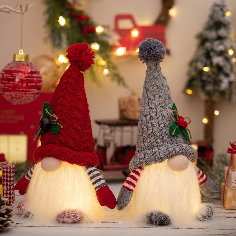 Christmas Decorations Dolls Knitted Pointed Hat with Lights Dwarf Knitted Hat Glowing Rudolph Doll Ornaments Without Battery