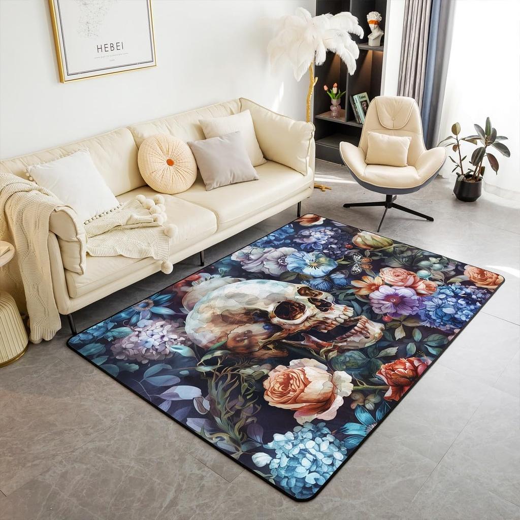 Erosebridal Moth Skull Moon Area Rug 4'11" X 3'3" Bohemian Stars Exotic Living Room Rugs Starry Sky Mysterious Decorative Carpet Black and W
