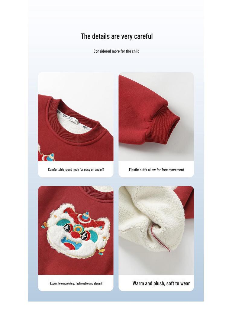 Europäisches Jungen-Sweatshirt mit rotem Fleece-Futter für Neujahr - Herbst Winter Kinderkleidung