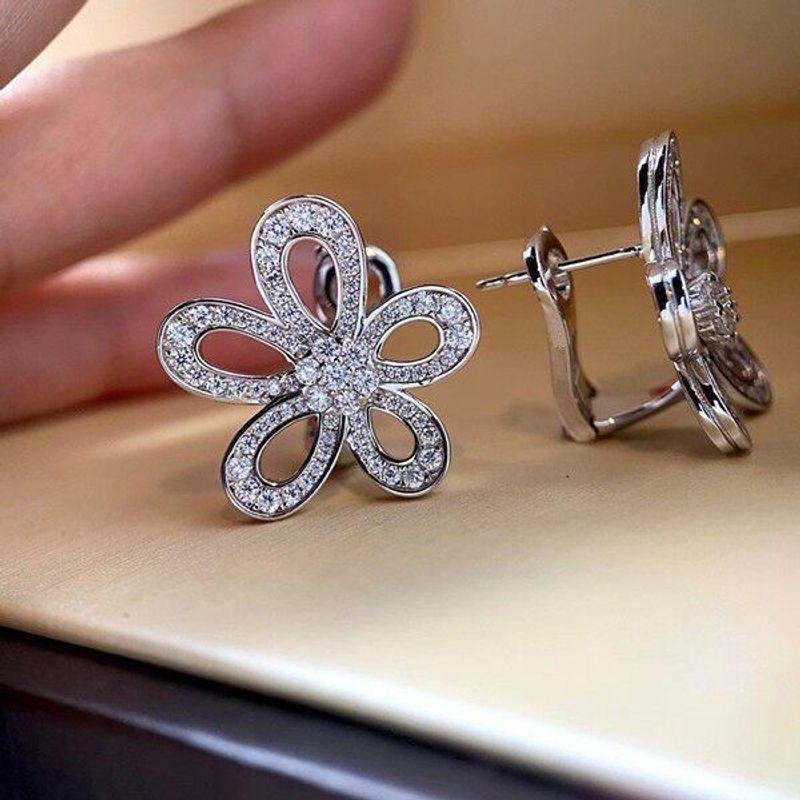 

Fashion SUNFLOWER Earrings New Arrival 925 Sterling Silver Plated 18K Gold Full Diamond Five Petal Flower Ear Racket Large Flower Ear Studs Sunflower Earrings White Gold