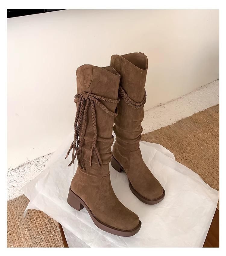 

2025 ретро универсальные пустошь бахрома рыцарские сапоги толстый каблук но до колена сапоги тонкий ворс высокие сапоги женские 40 темно-коричневого
