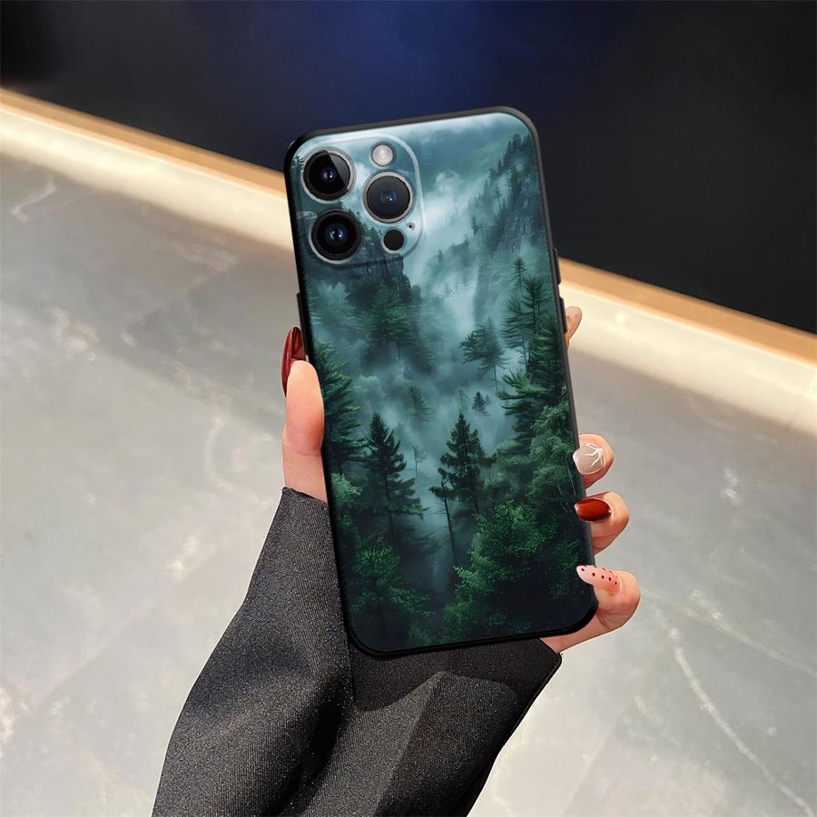 

Black Soft Phone Cover Case for iPhone 13 12 11 17 Pro Max 17Air 7 8 XR 15 16 14 Plus XS Max Mountain View Pattern iPhone 11 Pro