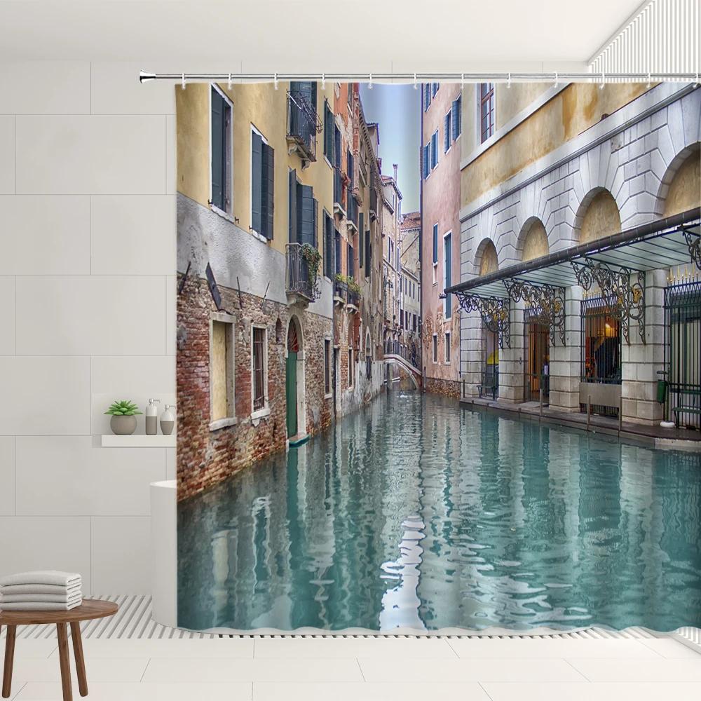 

Italy Canal Scenery Shower Curtain Set Port City Romantic Venice Street Boat Retro Buildings Home Bathroom Bathtub Decor Screens W90XH180cm