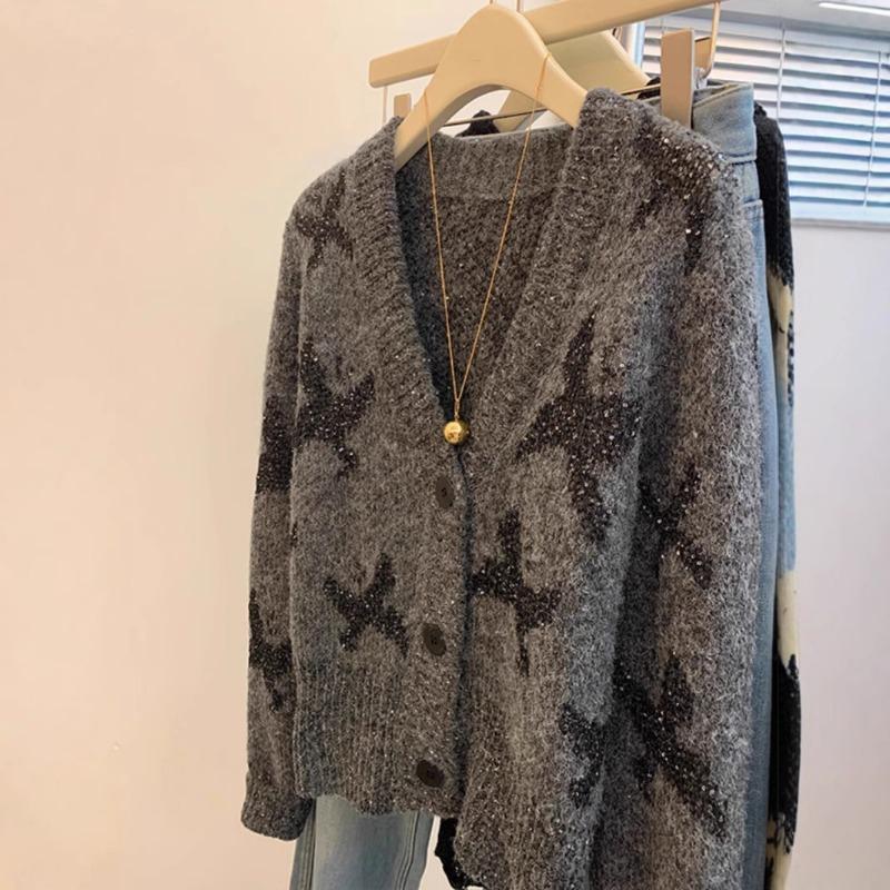 Grey Butterfly Sequined Premium Sweater Women's Soft Waxy Women's Cardigan Long-sleeved Short Knitted Jacket