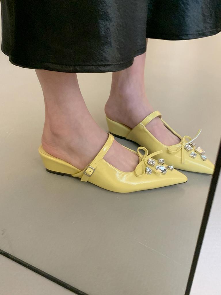 Fashion Hot Selling 2025 Elegant Butterfly Knot Water Diamond Head Cover Half Slippers Women Summer Skirts Slope Heel Fairy Slippers