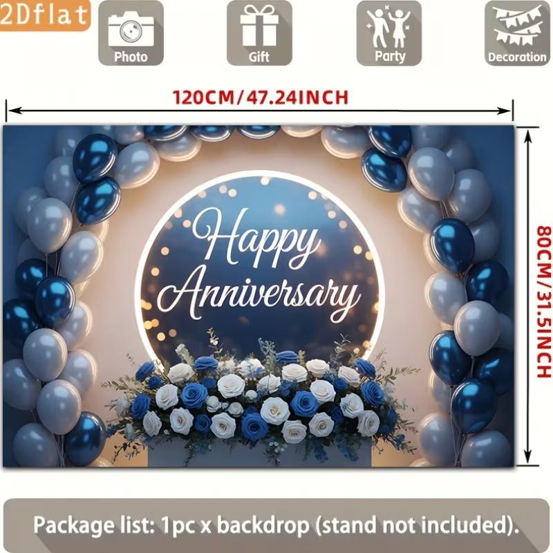 2D Elegant Blue Silver Happy Anniversary Backdrop Balloon and Flower Party Background