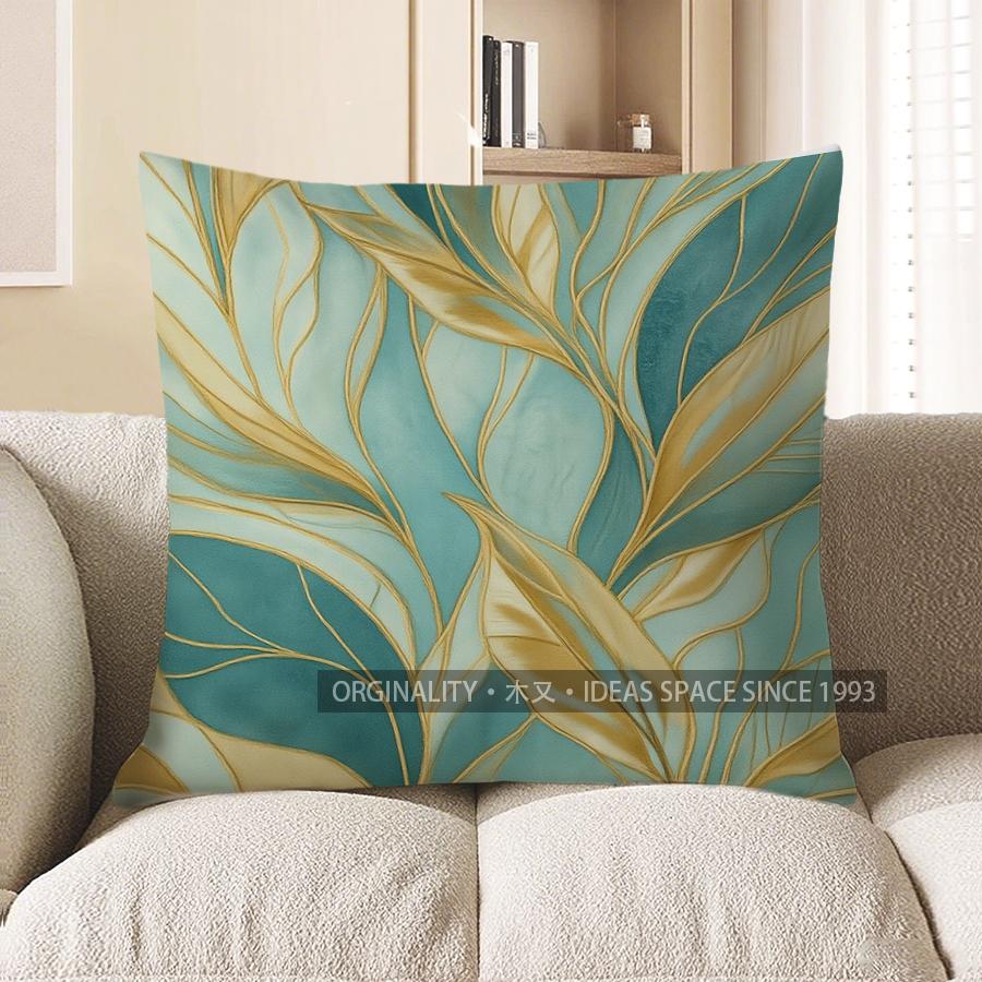 Home Decor Teal & Gold Leaf Pattern Decorative Throw Pillow Pattern Cushion Cover Suitable For Sofa Bedroom Car Pillow Cover 40x40cm