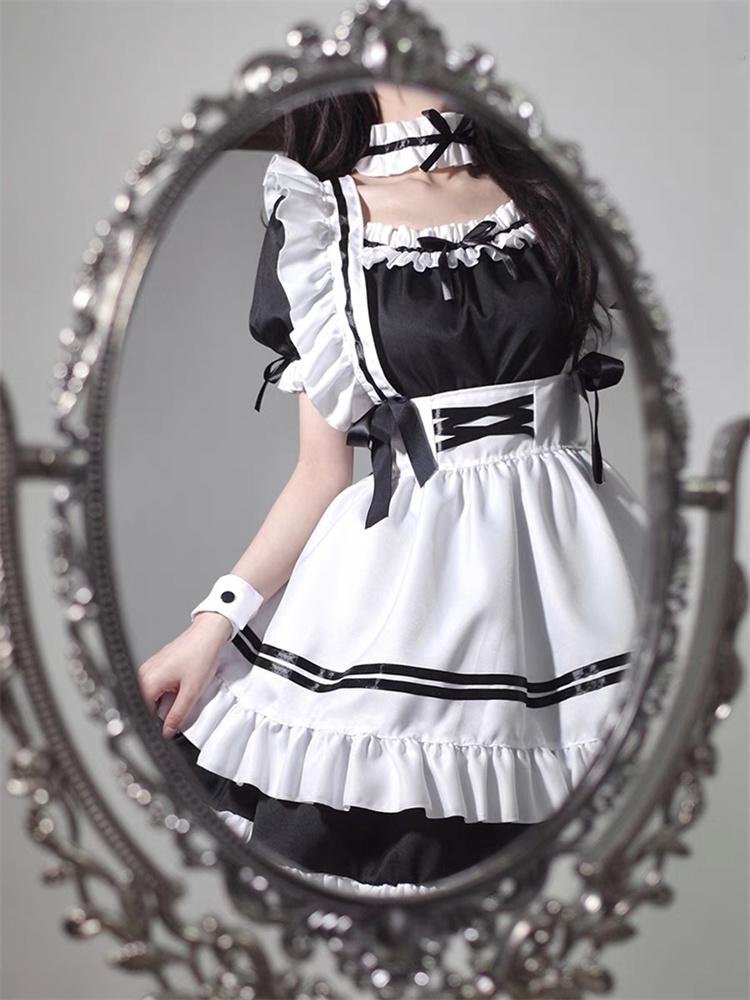 Femei ținută de menajeră Lolita Cosplay drăguț sexy erotic Kawaii Cafe costum negru alb bărbați uniforme șorț rochie drăguț bowknot costume