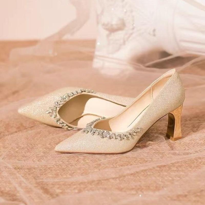 Fashion New French Sparkle Rhinestone Temperament Small Pointed Toe Thin Heel Shallow Wedding Shoes High-heeled Women's Shoes