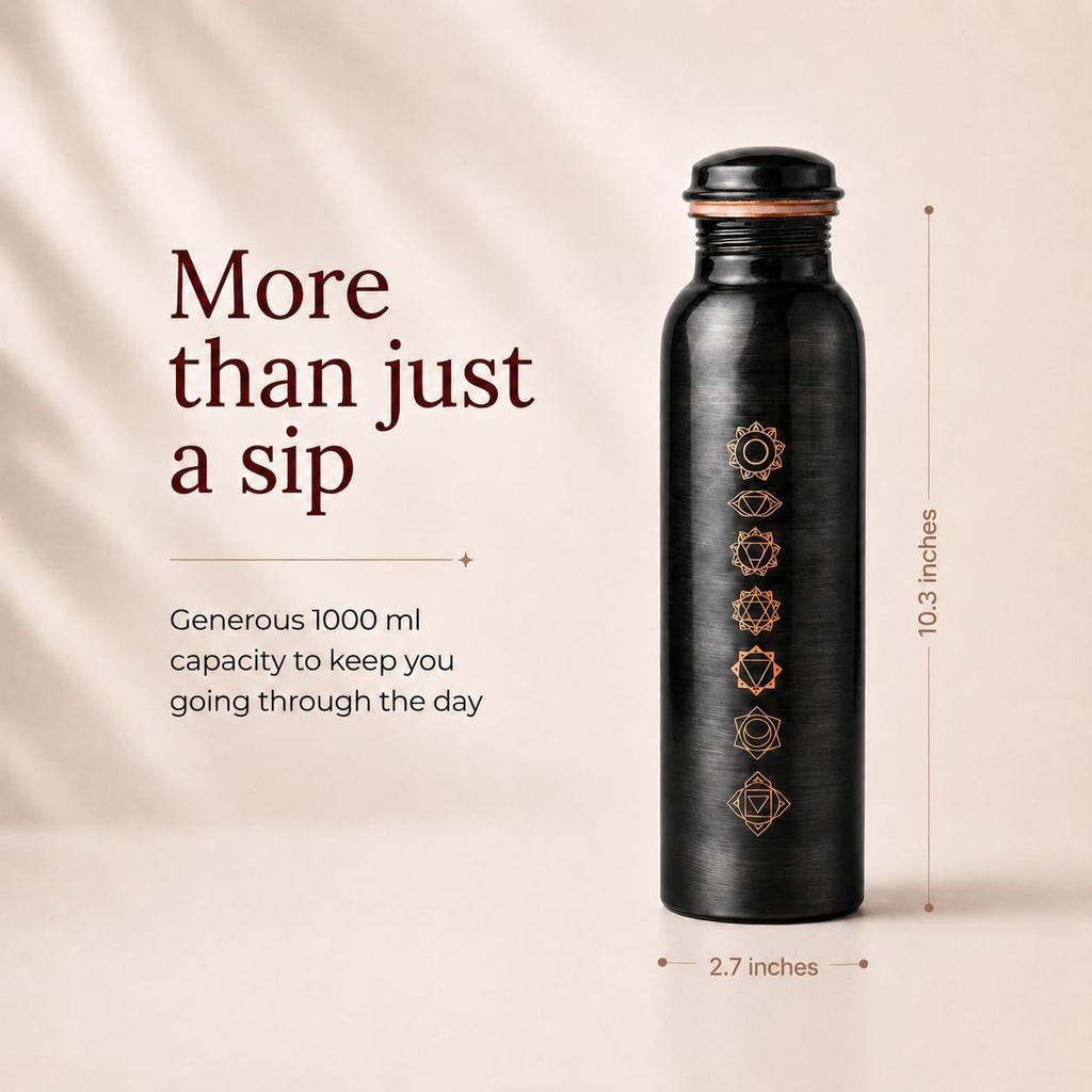 Pure Copper Water Bottle 1 Litre with Sacred (7 Chakras) Geometry Design | BPA Free & Leak Proof