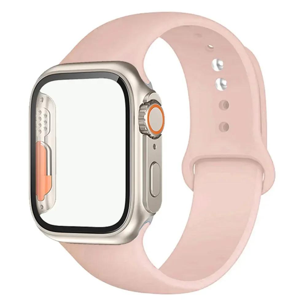 Silicone Strap+Case For Apple Watch Band 44mm 45mm 41mm 40mm Tempered Glass Cover Change to Ultra iWatch Series 9 8 7 SE 6 5 3