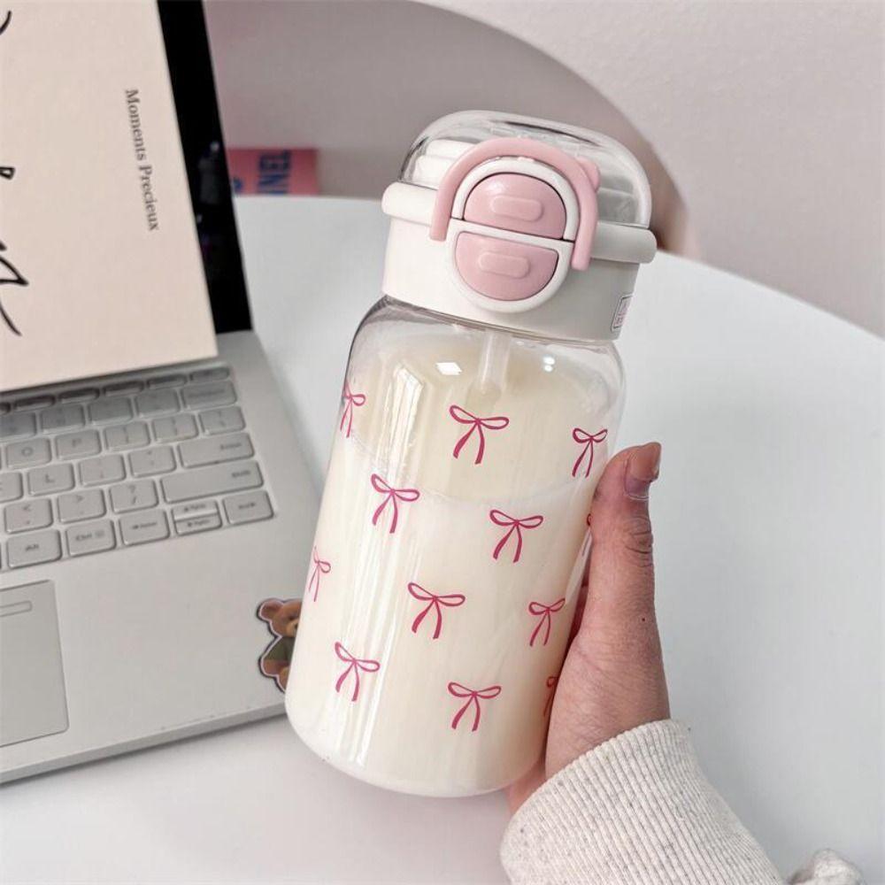500ml Capacity Water Cup Pink Bow Printing Sippy Cup Portable Straw Water Bottle  Gifts